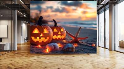 Halloween on a beach. Pumpkins, starfish and seashells on the seashore at sunset.  Wall mural